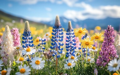 Colorful spring meadow filled with wildflowers, particularly daisies, under a bright blue sky, captured in a softfocus frame to inspire tranquility and joy
