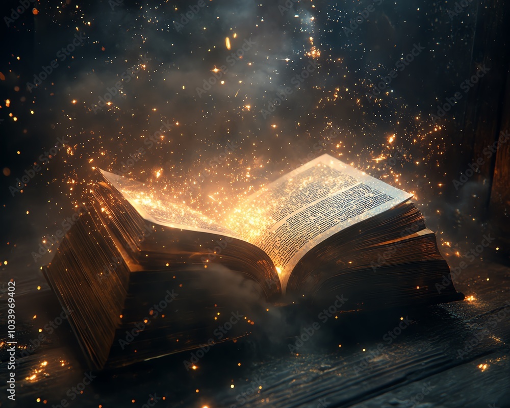 Poster dreamy scene with an open book on a table, emanating a soft magical glow, surrounded by stars and sh