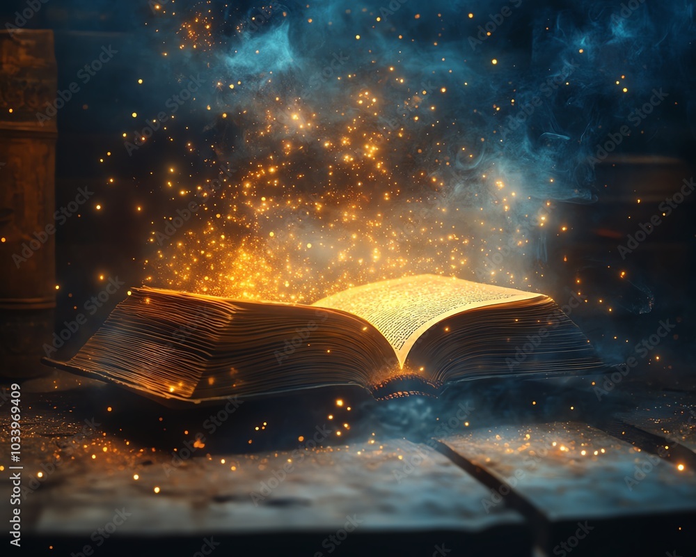 Poster dreamy scene with an open book on a table, emanating a soft magical glow, surrounded by stars and sh