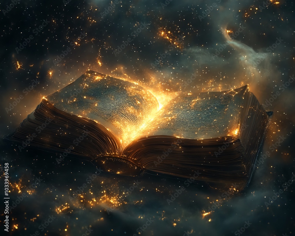 Poster dreamy scene with an open book on a table, emanating a soft magical glow, surrounded by stars and sh