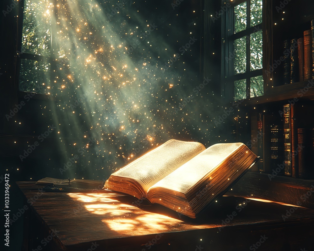 Poster dreamy scene with an open book on a table, emanating a soft magical glow, surrounded by stars and sh