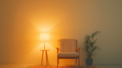 A small hallway with a vintage wooden chair, soft warm light from a table lamp, and a colorful rug