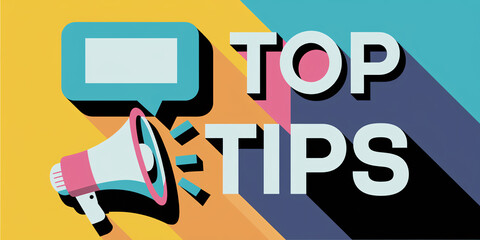 "Top Tips" text in bold pastel colors with a megaphone and speech bubble, set against a vibrant, geometric background with long shadows for a modern and energetic visual style.


