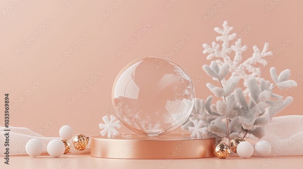 Poster a glass orb sits elegantly atop a circular base, surrounded by decorative elements such as snowflake