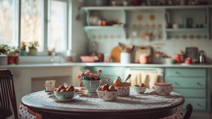 Naklejka premium An empty scene featuring blank mockup template (a charming vintage kitchen scene with colorful tableware and a centerpiece of deviled eggs, evoking nostalgia), 
