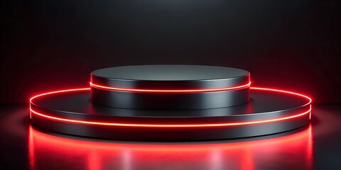 Glowing neon red lights outlining a black matte cylinder podium, ideal for modern and bold presentations