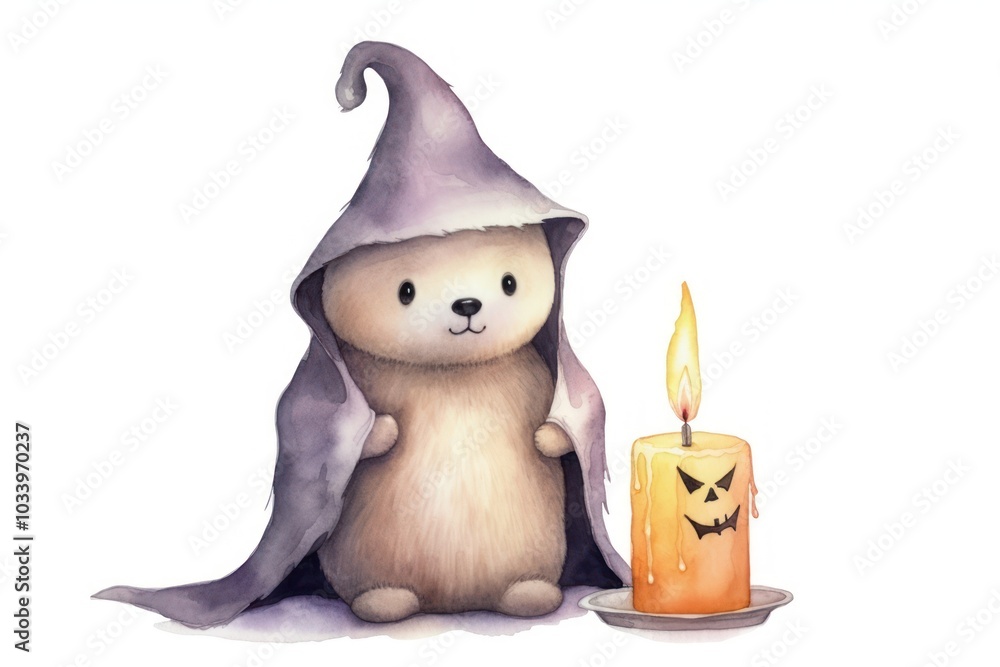 Canvas Prints Bear holding halloween candle cartoon on white background