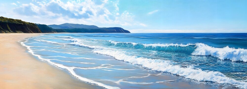 61. A serene beach scene with soft waves, creating a relaxed ambiance