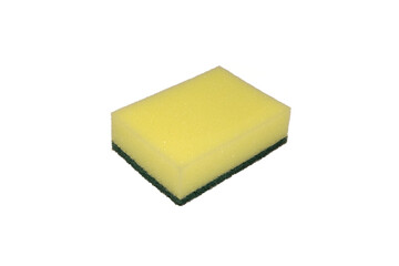 Cleaning concept, Yellow sponge for dishwashing in kitchen isolated on white background.