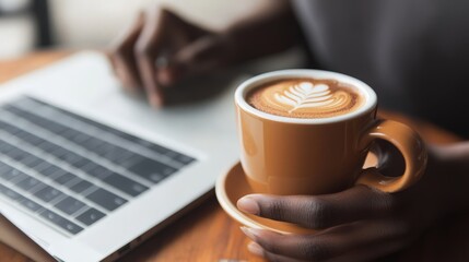 A person enjoying a double espresso while working on a laptop, blending productivity with pleasure