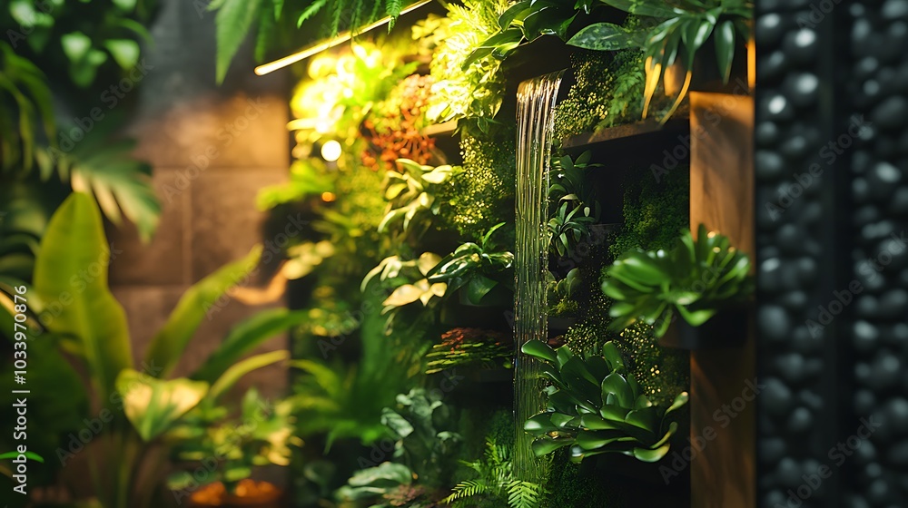 Wall mural A stunning wall-mounted terrarium with cascading plants and moss, the lush greenery flowing down the vertical frame, soft ambient lighting adding depth and texture to the design, creating a natural,