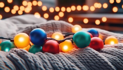Colorful Holiday Lights Glowing on a Blanket, Creating a Festive and Playful Atmosphere in the Home, Perfect for Christmas Decorations, Winter Wonderland Decor, and Cozy Nights