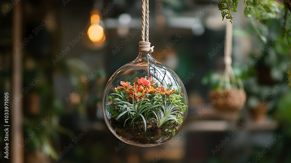 Canvas Prints A stylish hanging terrarium with flowing vines and air plants, the terrarium suspended in a delicate macramé hanger, the glass reflecting soft sunlight,