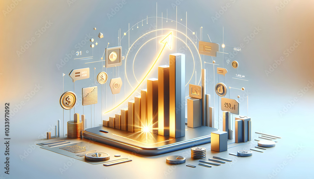 Poster 3d plain geometric shapes with rising bar graph - tracking shot of glowing revenue growth with exten