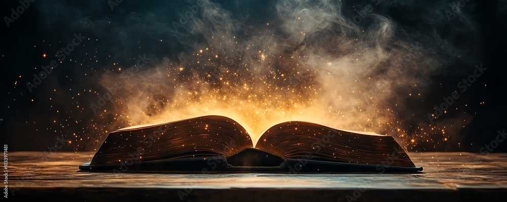 Poster mystical scene of an open book on a table emitting a soft, magical light, surrounded by twinkling st