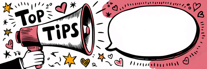 Hand-drawn "Top Tips" illustration with a playful design, featuring a megaphone surrounded by hearts, stars, and a large speech bubble for customizable text, conveying friendly advice.

