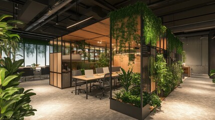 Modern office space featuring a blend of natural elements with plant partitions, sleek furniture, and a well-lit, contemporary design promoting a green work environment.