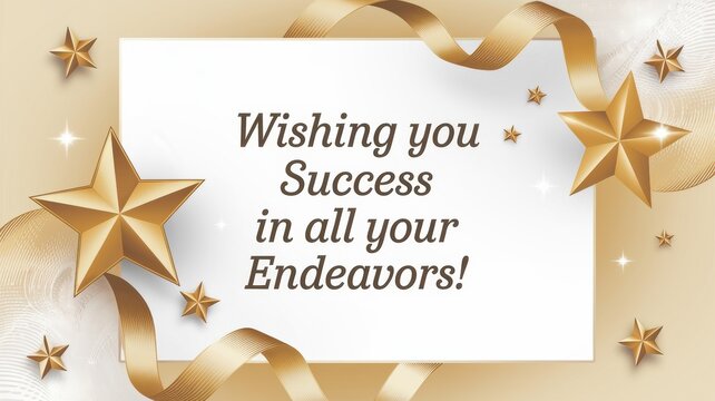 Elegant greeting card design featuring gold stars and ribbons with a motivational message for success, suitable for celebrations.