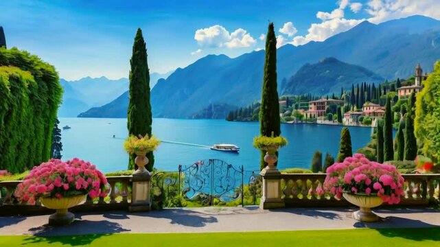 Spectacular view of lake Como from the gardens of villa Monastero in Varenna.travel Italy.