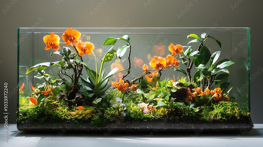 Poster A stylish terrarium made from recycled materials, showcasing tropical plants and blooming orchids, soft sunlight streaming through the clear, eco-friendly glass,