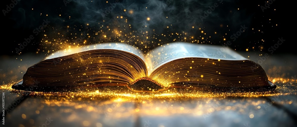 Poster spellbinding image of an open book on a table, glowing with enchanting light, surrounded by twinklin