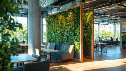 Fototapeta premium Modern office space featuring comfortable seating, a large living wall of plants, and people working at tables in the background, with a warm, natural light ambiance.