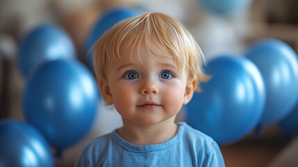 Obraz premium Happy Child with Blue Balloons at a Festive Celebration