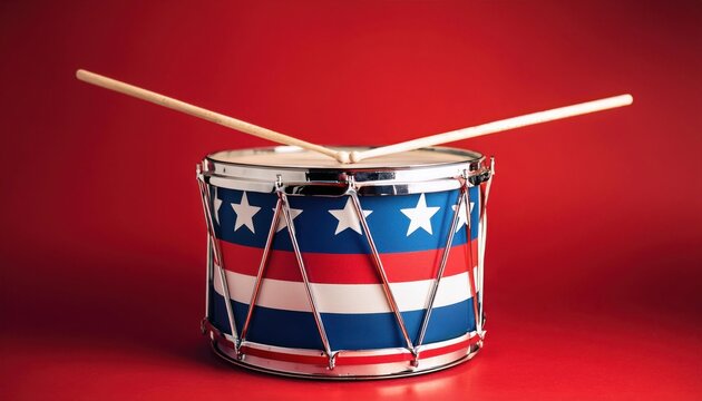American Flag Themed Snare Drum on Bold Red Background. Perfect for 4th of July Celebrations, Patriotic Events, Military Marching Bands, or National Pride Concepts in Music and Cultural Festivities