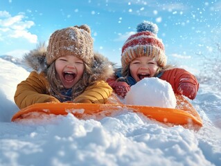 Joyful Kids Sledding and Building Snowmen in the Winter Wonderland, Happy Children Enjoying Outdoor Fun and Laughter During Holiday Season