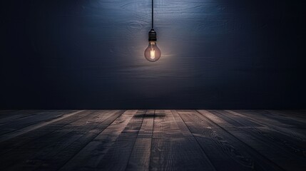 Dark empty room with single flickering light bulb casting long shadows, emphasizing absence of power and eerie atmosphere, minimalist setting with focus on light bulb's glow.