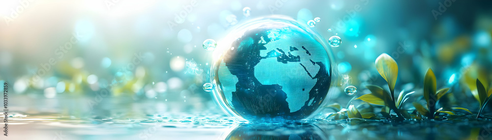 Poster floating holographic globe with discussion bubbles: a visual concept of global environmental dialogu
