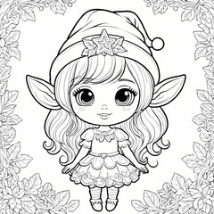 Cute Kawaii Elves with Christmas Hat Coloring Book Page