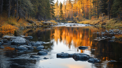Fototapeta premium A river flowing through a quiet forest,
