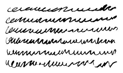 Fototapeta premium Hand-drawn wavy lines. Black lines drawn with wax pencil, chalk texture, grunge brushes. Vector set isolated on white background.