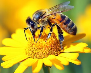 Large striped bee gathering nectar from a vibrant yellow flower on a sunny day, captured in stunning detail, highlighting the beauty of nature and pollination