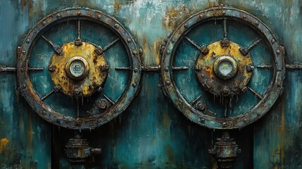 Obraz premium Close-up of rusty industrial valves on an aged metal surface, showcasing texture and vintage appeal.