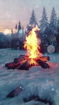 A bonfire on the snow during winter. Seamless 4K looping timelapse video animation background