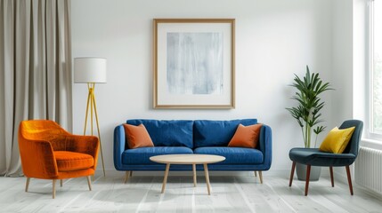 Modern Living Room Interior Design with Blue Sofa Orange Chair and Wooden Floor