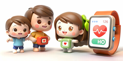 Family Using Smart Wearables for Health Monitoring on Plain Beige Background - Convenient Fitness Tracking with Copy Space for Text - Photo Stock Concept