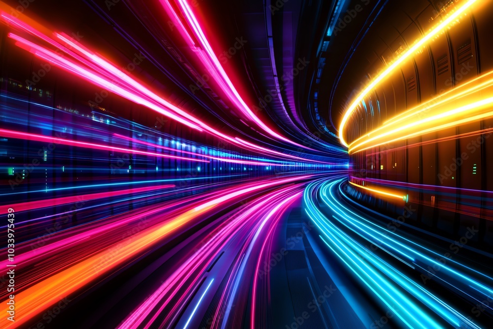 Poster colorful light trails creating dynamic motion in a modern urban setting