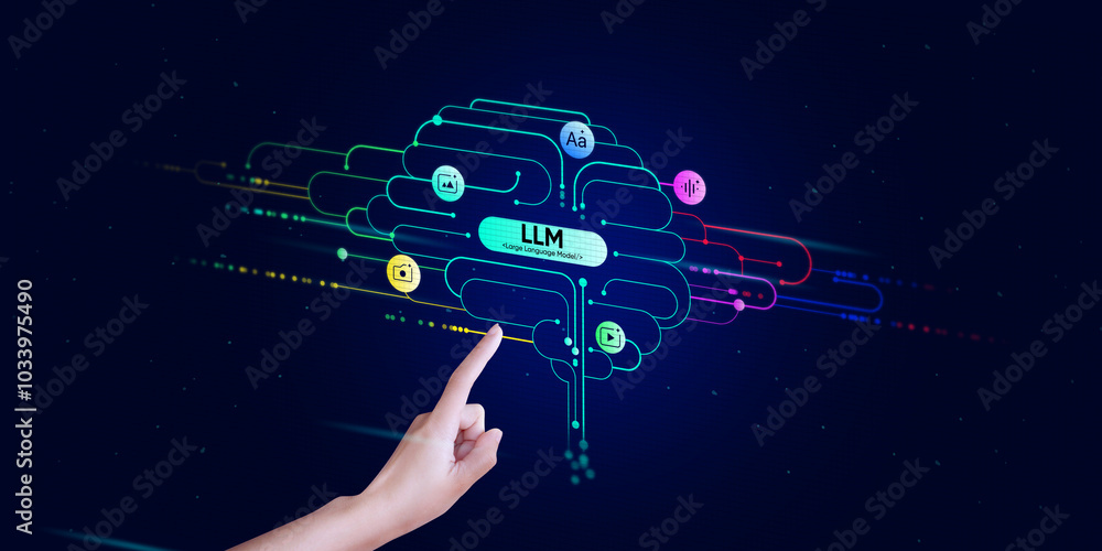 Poster a hand showing ai tech with ai brain concept, artificial intelligence cyber security, digital transf