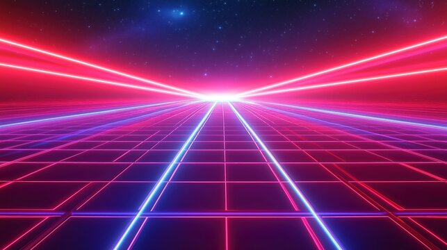 A vibrant 80s retro background featuring a neon grid, glowing laser beams, and a stunning outer space scene. This digital design captures the essence of the retro-futuristic era with bold colors, geom
