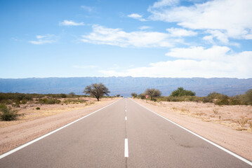 Imágenes de la mítica Ruta 40 de Argentina en el kilómetro 4040 con un cielo despejado donde se aprecia la inmensidad y belleza del lugar, 