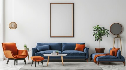 Fototapeta premium Modern Living Room Interior Design with Blue Sofa Orange Pillows and Empty Frame