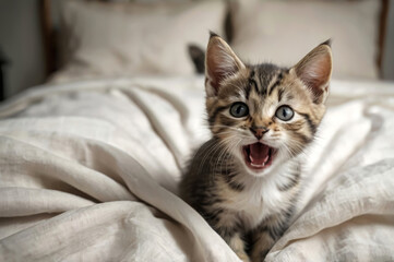 Ginger kitten in a white blanket stretches.