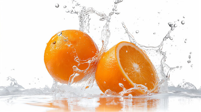 Orange fruit dropped in water splash.