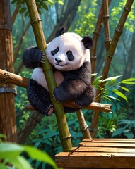 Obraz premium Panda Exploring a Wooden Bridge in Lush Greenery