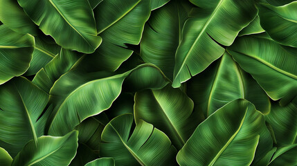 A close up of banana green leaves with a lush green background. 