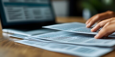 Focused Hands Reviewing Documents On Desk With Laptop In Background For Professional Tasks