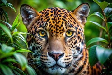 Obraz premium Jaguar portrait in lush rainforest setting
